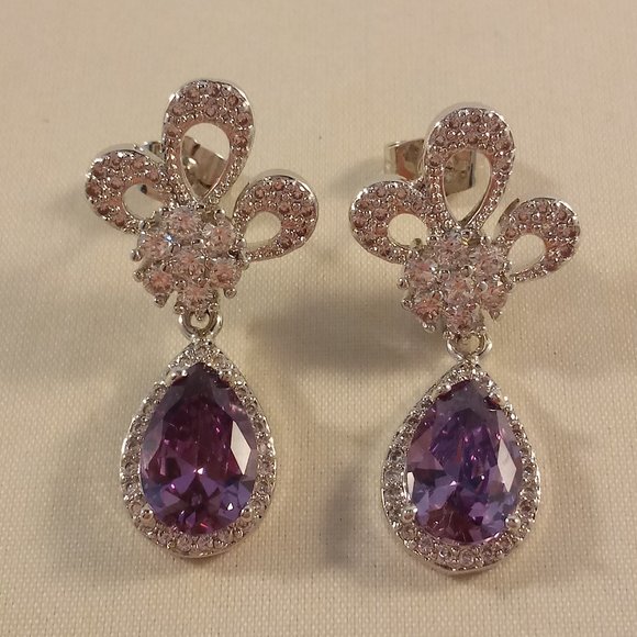 18K White Gold Filled Flower Purple Diamond Zircon Drop Dangle Stud Earrings - Picture 3 of 3